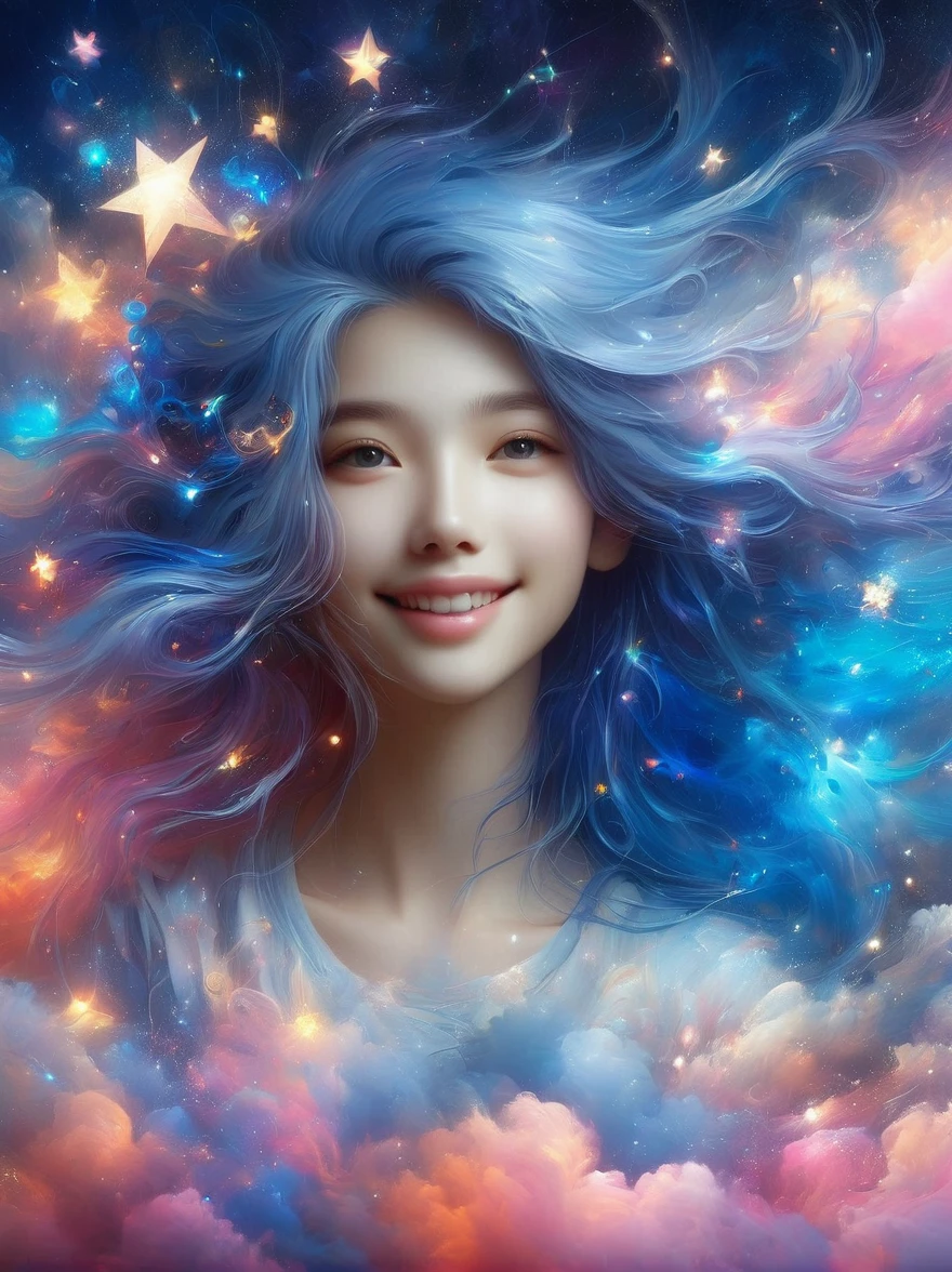 1xknh1, masterpiece, Highest quality, beautiful, Fantasy, fantasy, 1 girl, Lonely, cute女孩的照片, detailed face, Relaxed smile, Charm, 不Symmetric头发, Swinging Hair, Electric blue hair, Shine, cloud, color斑斓的天空, star, pink々Became, Space style, Vortex Magic Style, Silver Magic Style, Legendary, Extraordinary, beautifully, elegant, luxury, creative, beautiful classic contemporary detailed cinematic composition, Expressive, dynamic and dramatic, wonderful照明, Symmetric, detailed, 丰富的color, environmental background, moving, cute、grow、Clarity、wonderful、Surreal、perfection、Complex、color, Amazing, amazing, Huge, Hall々And, wonderful, strange, Charmな, Huge