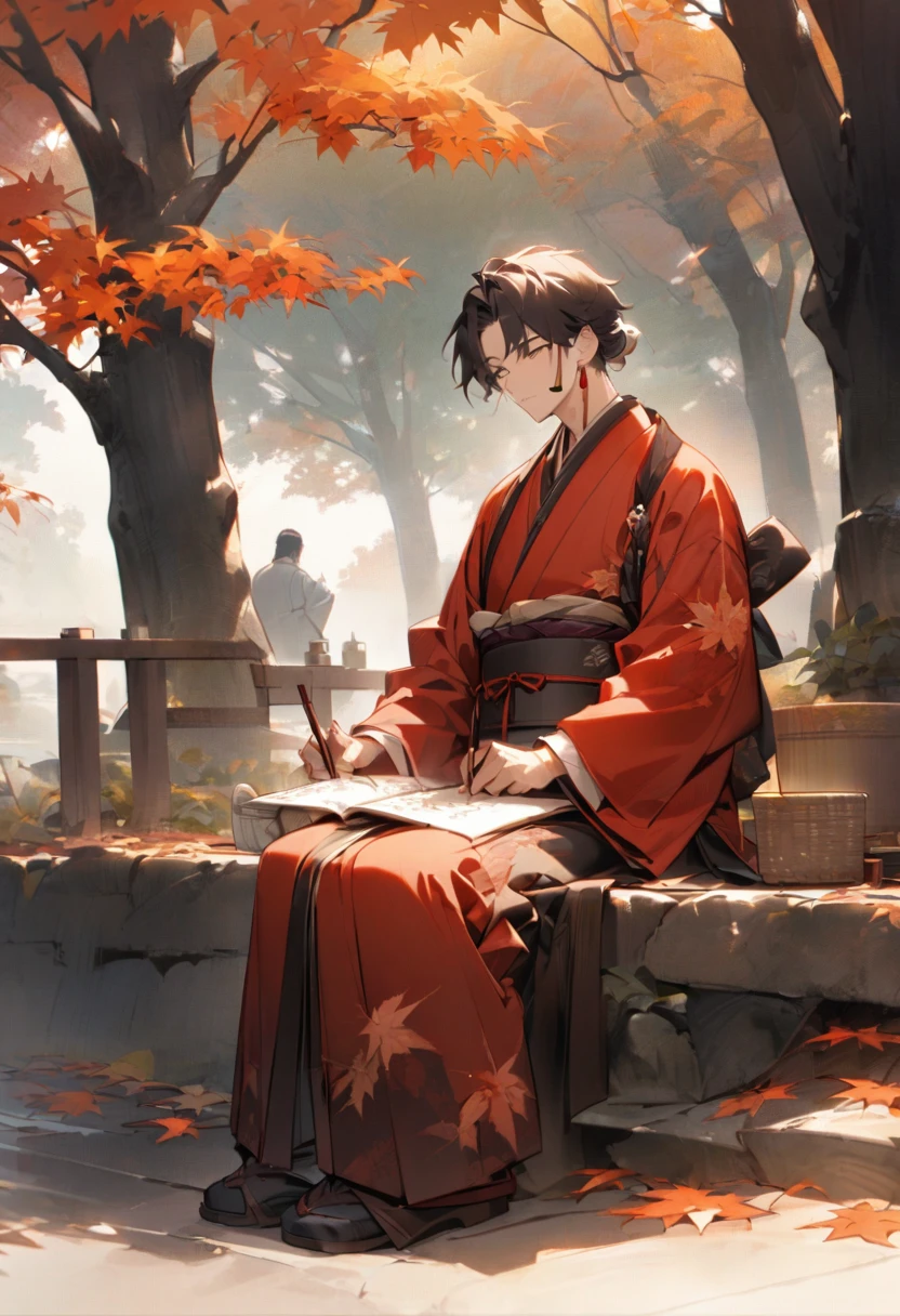 In the quiet garden、A heroic man wearing a red kimono is writing a haiku with a brush。A pipe is placed beside him.、Breathing quietly in the scent of ink。Trees with autumn leaves around々is colored、A scene that exudes a calm autumn atmosphere