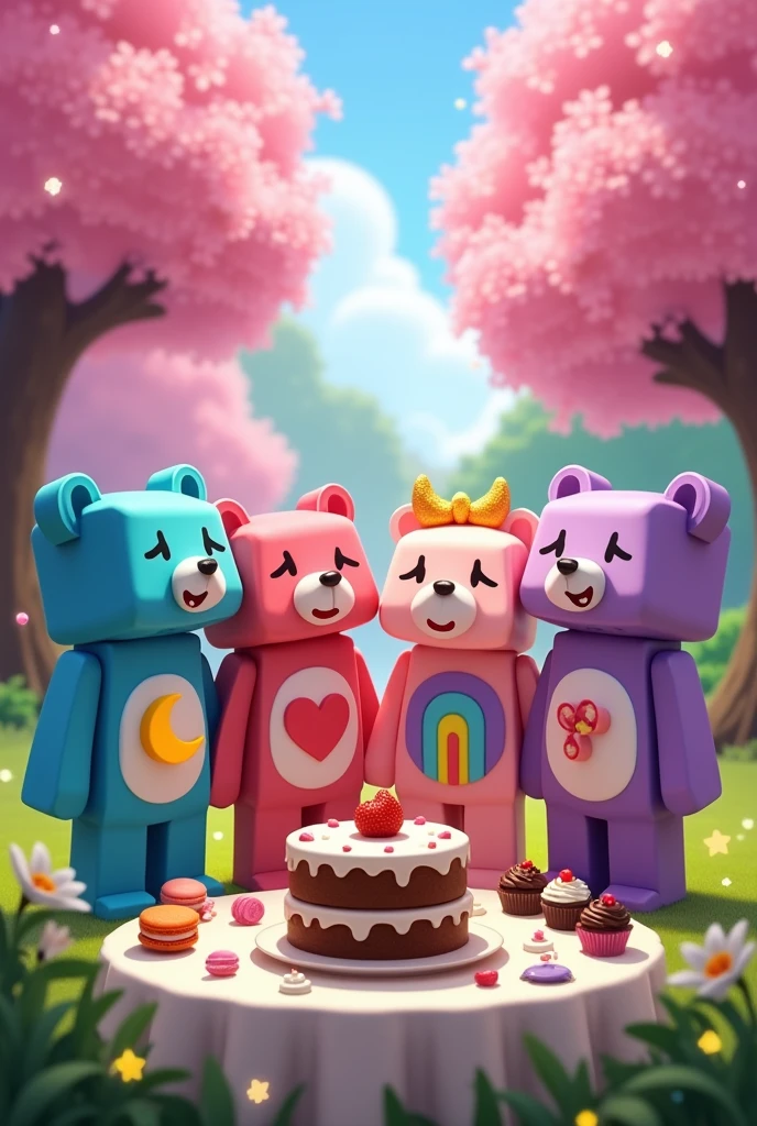 Birthday picture in the middle of cherry blossom trees in the world of Minecraft. From right to left, there is a blue bear with a moon belly, a pink bear with a red heart belly, a light pink bear with a rainbow belly, and a purple bear with a smiling face. Desserts on the table include macarons, dark chocolate cupcakes, fruit juice, orange juice, a 2-tier fruit cake, and a vase of white lilies.