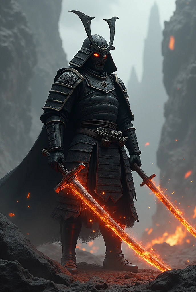 Samurai,grimdark,white and black,fire sword,dark souls, detaileds,stocky, mask,
