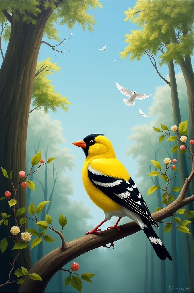 Create a painting of a goldfinch that represents peace, hope, something that gives off a calm vibe when someone looks at it, and that has forests, a blue sky, and white birds in the sky.