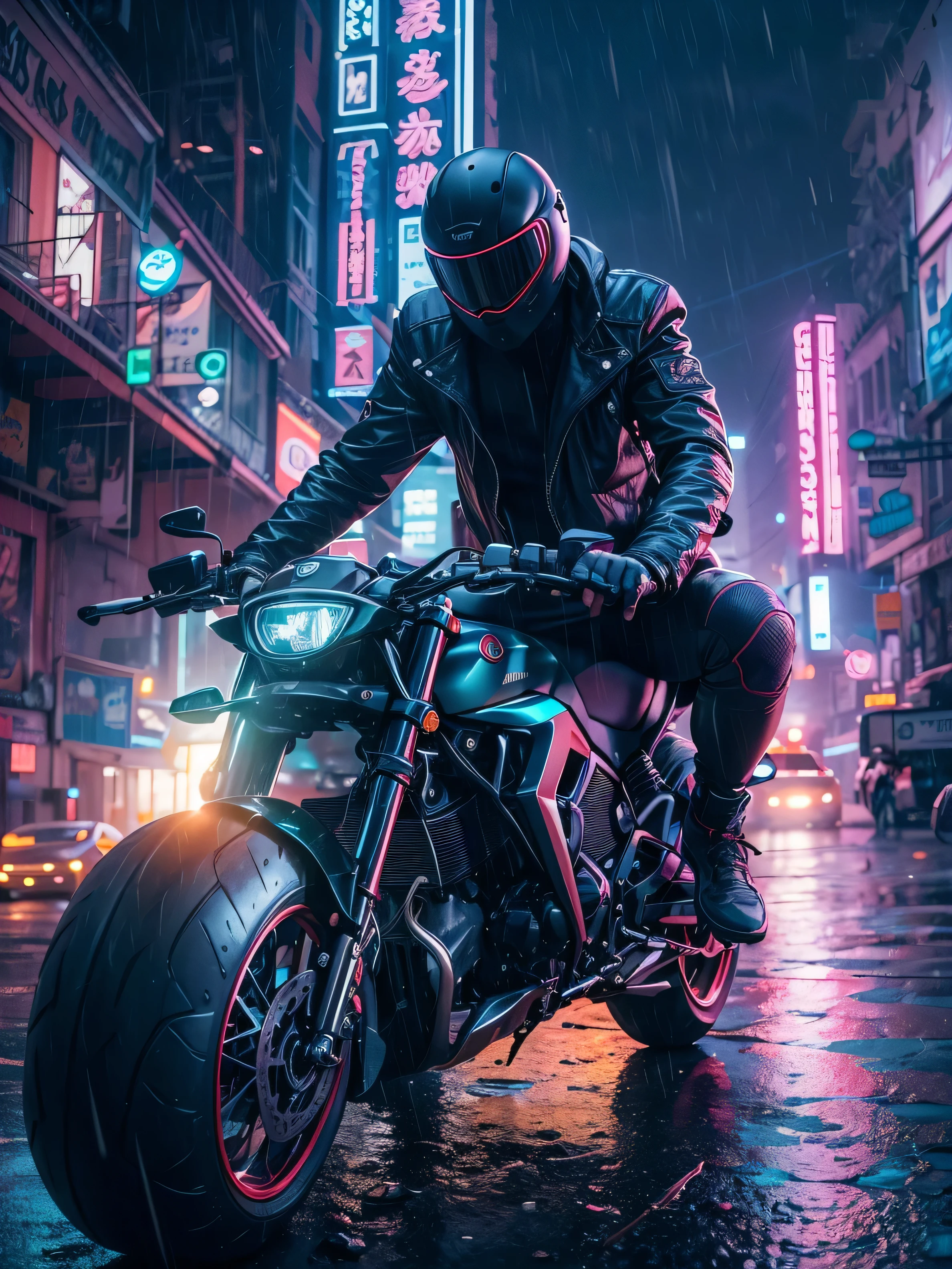 (((Masterpiece))), Best Quality,raw photo, High-resolution photograph,realistic details, Create a masterpiece image featuring two guys riding on the same motorcycle across a city bridge in a dystopian city, futuristic city. The scene is set in the year 2527 and captures the essence of a cyberpunk world with vibrant neon lights. It`s a rainy night, enhancing the moody atmosphere of the futuristic cityscape,(extremely intricate:1.3),4k, 8k