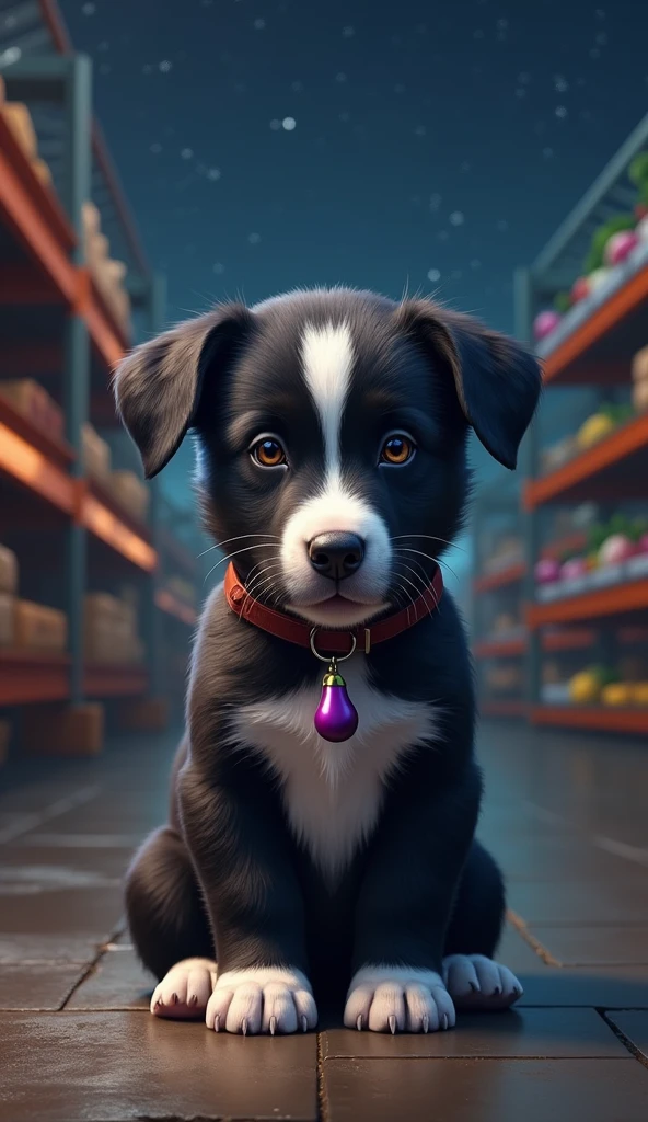 Masterpiece. Conceptual art. 16K. UHD. High quality, photorealism. Thematic background.
Cute serious Guard Puppy. Black puppy with a white stripe on his muzzle from forehead to mouth. Large white spot on his chest. White paws. A pendant in the form of a small eggplant hangs on his collar. Starry night. Guarding a vegetable warehouse.
Stunning full-color design, sharp focus, studio shooting, intricate details, high detail, detailed anatomy. Hyperrealism.