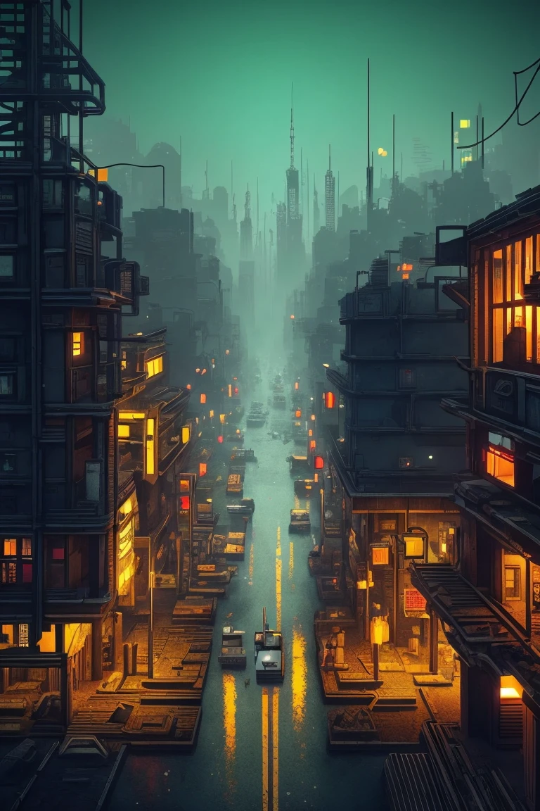 retro video game concept art, 8-bit video game, simple pixel apocalyptic city ruins from directly above, skyscraper on center, 3 independent sectors connected by bridges, post-punk urban background, HEXAGON, add_detail:1, add_detail:0, add_detail:0.5, no humans, at night, dark and lonely city
