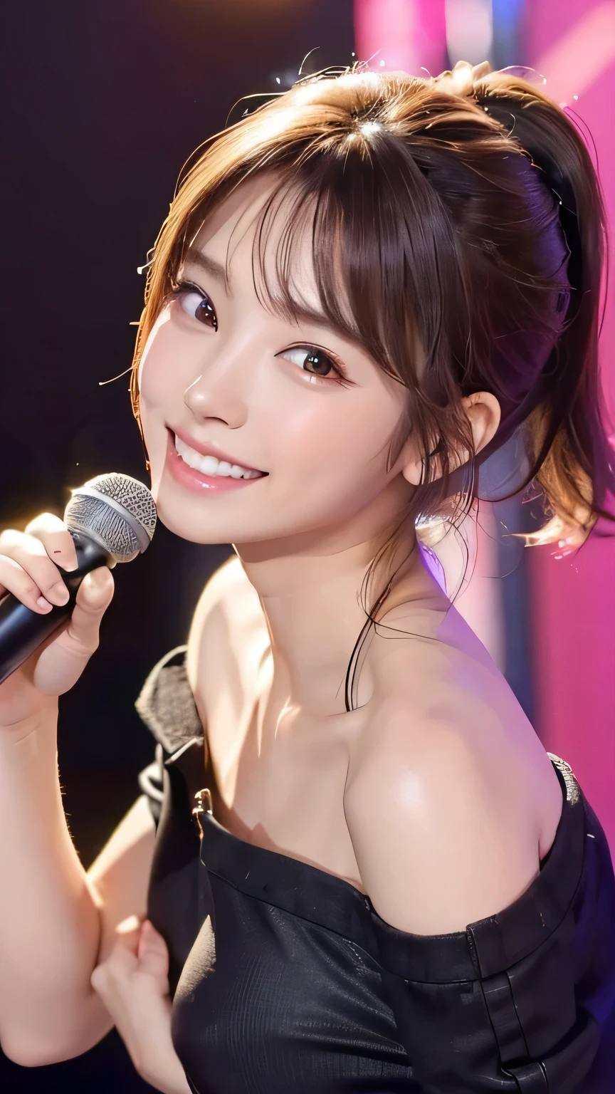 (Highest quality, DSLR camera, 8k, Highest quality, High resolution, Highest quality, Highest resolution, Very beautiful woman, Perfect anatomy), Bright brown eyes, Very bright brown eyes, Small diamond-shaped earrings, Looking directly at the camera, Beautiful brown hair, ((Baby face, Loose and cute medium ponytail)), Very short and beautiful bangs with brown hair, E-cup bust, Showing beautiful décolletage, Very beautiful 20-year-old, Lip gloss, Smiling very happily, Very cute smile, Upper teeth, Beautiful teeth, (Chic and stylish music stage as the background only), Slightly larger eyes, Small face, Tall supermodel, Beautifully shaped model, (Holding a microphone and dancing and singing in random cool poses), Dynamic angle, Eye focus, Head tilt, Very detailed and realistic, Very beautiful 20-year-old, ((Medium shot)), Sharp jawline, ((Sophisticated K-POP idol outfit)), Deep waistline, Sexy legs, Side view, Smiling very joyfully, Laughing, Summer daytime