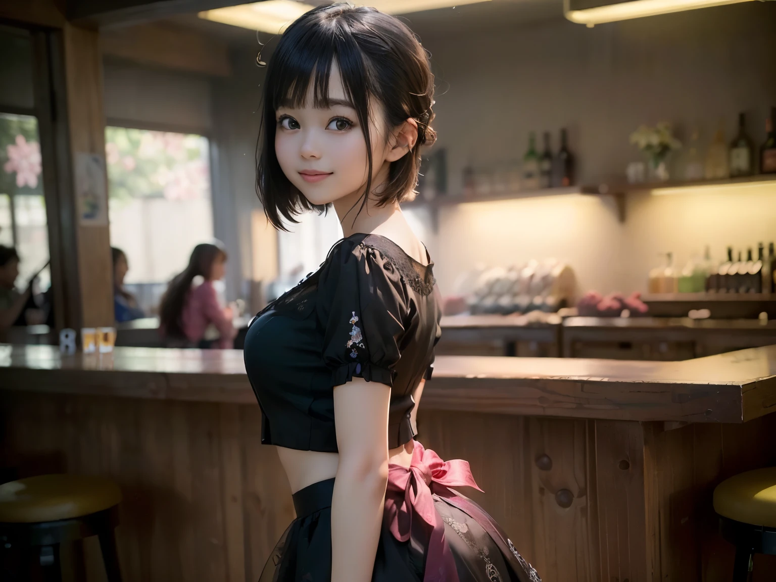 (Highest quality, masterpiece, Ultra-high resolution, 8k, RAW Photos, Realistic, Anatomically correct:1.5), 20-year-old girl:1.2, Embarrassing, avert your eyes, blush:1.0, View Viewer, ((bar)) 、Large windows、Night view、 Light:1.2, Bokeh, Cinema Lighting:1.0, Depth of written boundary, sharp、 Cute Face、Idol、(Black short sleeve lace top)、(Black tulle skirt)、(Black clothing)、(Floral clothes)、”dwarf”、(Full Body Shot)、(Side angle)、Cowboy Shot、( smile)、((Ultra short hair、Berry Short))、(Straight bangs)、((See-through))、(( One woman))、look back、I can see your belly button、