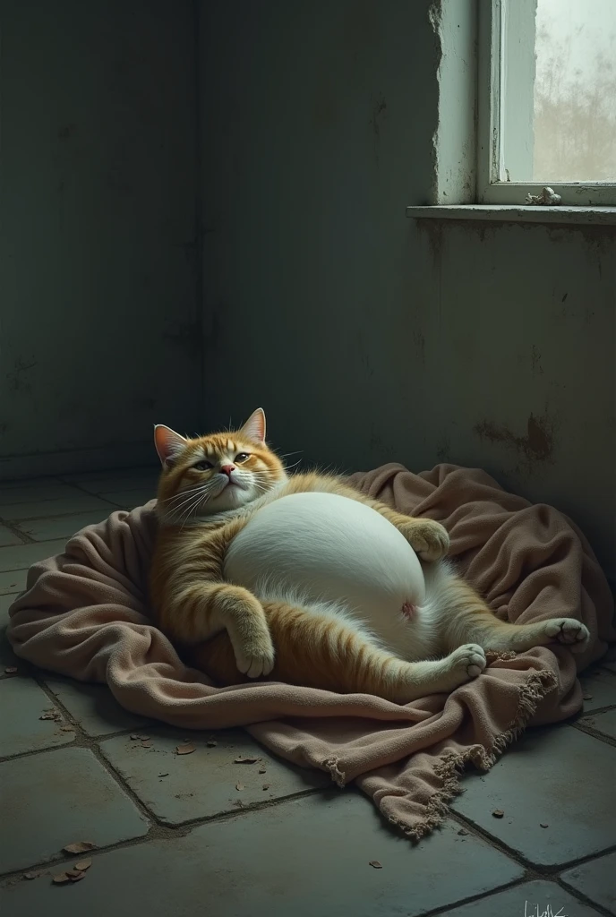 The cat is lying on a torn blanket, her belly large with kittens. The atmosphere should feel lonely and desolate.