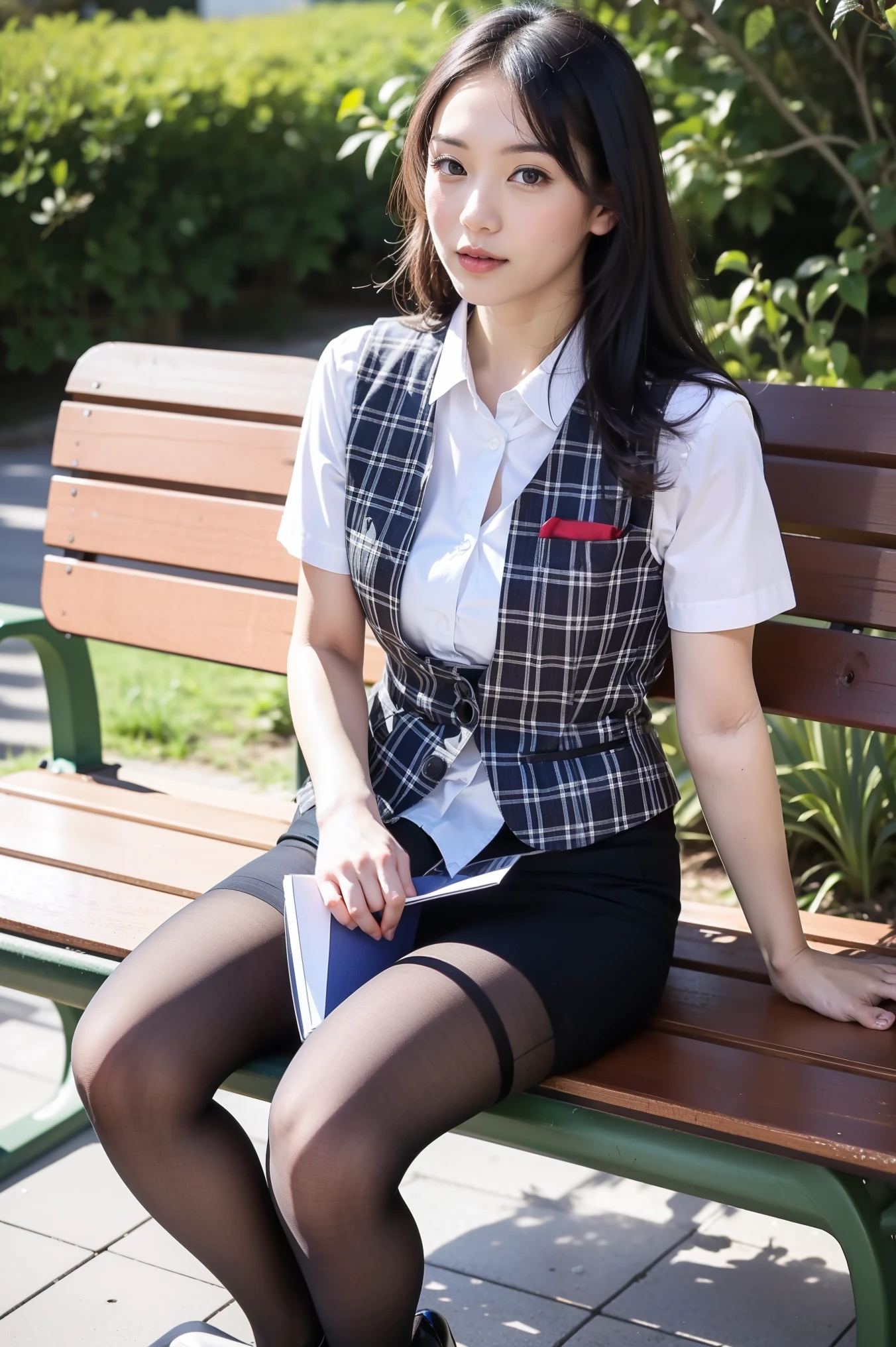 ulzzang-6500-v1.1, (RAW Photos:1.2), (Realistic), (Genuine:1.4), １girl、Perfect Anatomy、Looking into the camera、Medium Long Hair、Plaid vest、((Sit on a bench:1.3))、(Ultra-realistic pantyhose:1.3), (High heels)、(Business services)、