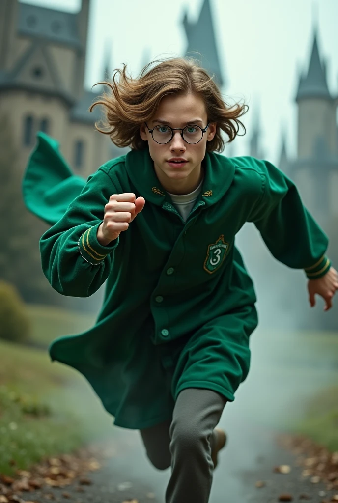 Running man, brown hair,blue eyes,Wear glasses,Wearing Slytherin robes