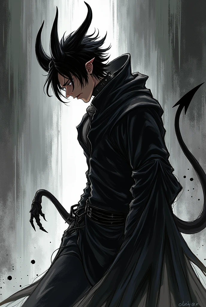 Can you make a manga panel showing my oc from side view he's basically a devil has a devil tail has horns coming out of his forehead eyes pitch black with white pupils