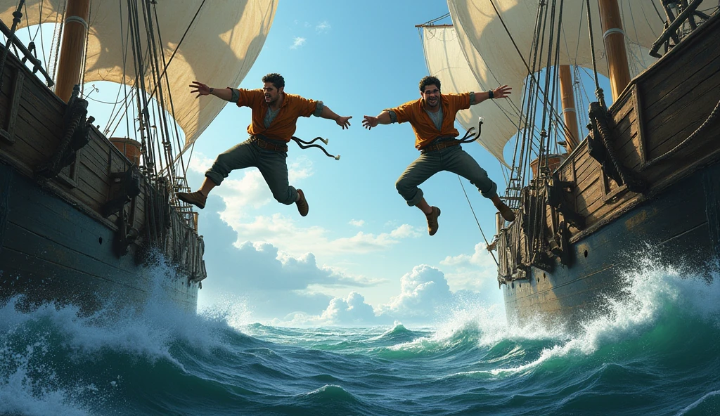 Two daring crew members are captured mid-jump, leaping from one ship to another across the turbulent sea. Their half body in one ship and half in another ship