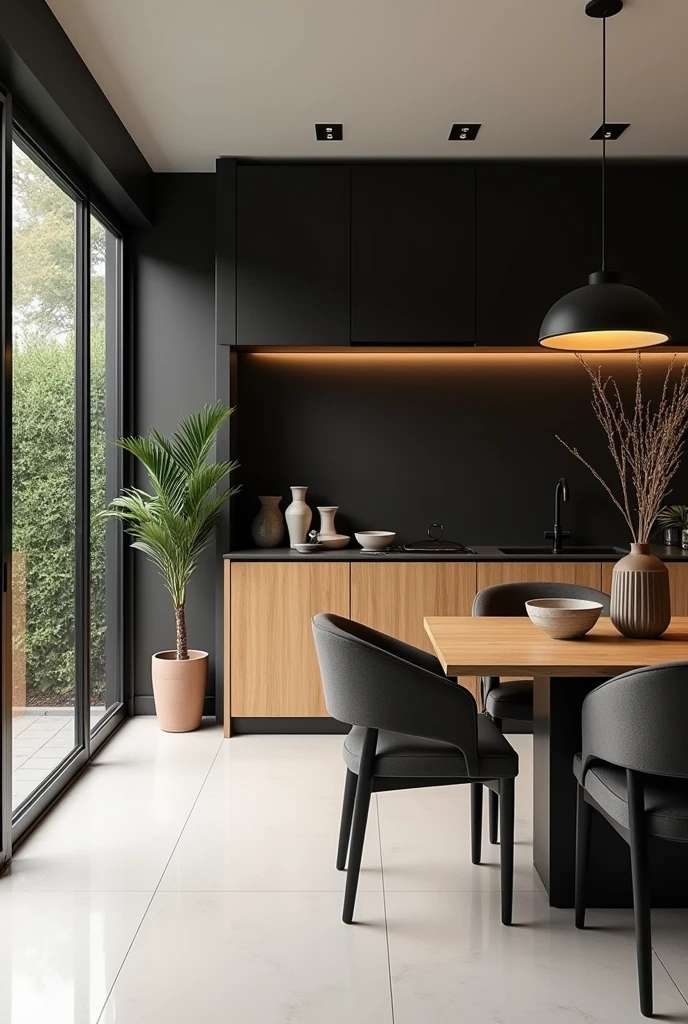 Dining room with German sofa with black MDF and wooden MDF cabinets and light porcelain floor, touches of lighting and minimalist and organic furniture