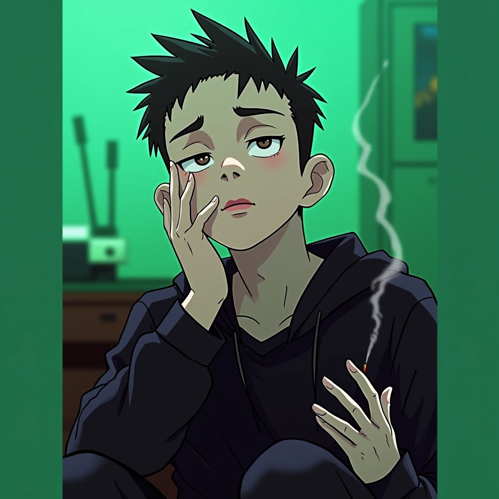 Alone boy smoke in house in long hair in anime