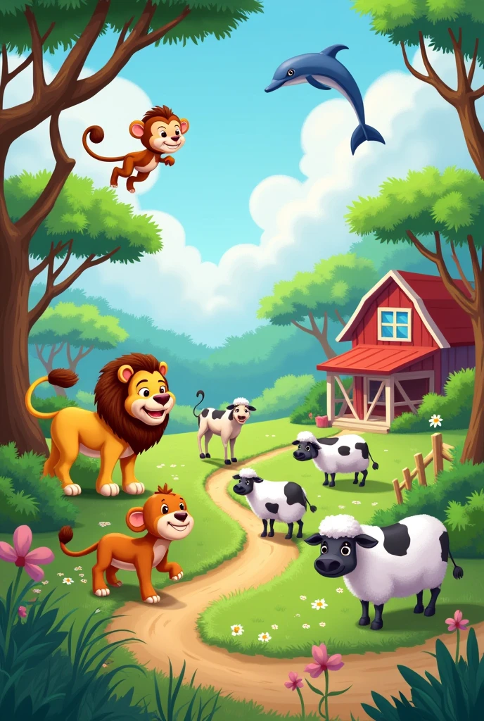 Verse 1:
In the jungle, what do we see?
A lion roaring wild and free!
With a mane so big, and a mighty roar,
He’s the king we all adore!Chorus:
Animals, animals, one, two, three,
Let’s count them, sing along with me!
From the sky to the deep blue sea,
So many animals, happy and free!Verse 2:
In the forest, look up high,
A monkey swinging in the sky!
With a tail so long, and a playful grin,
He’s the silliest one there’s ever been!(Chorus)Verse 3:
In the ocean, what do we find?
A dolphin jumping, so kind!
With a splash and a flip, under the sun,
Swimming around, having so much fun!(Chorus)Verse 4:
On the farm, the animals play,
The cows and sheep all day!
With a moo and a baa, they join the song,
Come on, everyone, sing along!
