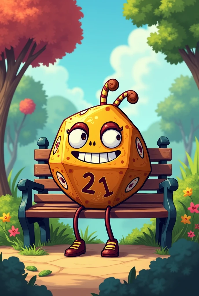 Make a d20 inspired by the game Cuphead and Rayman, he must be sitting on a park bench