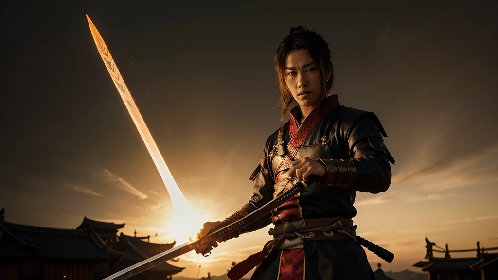 Wearing a samurai costume and brandishing a sword