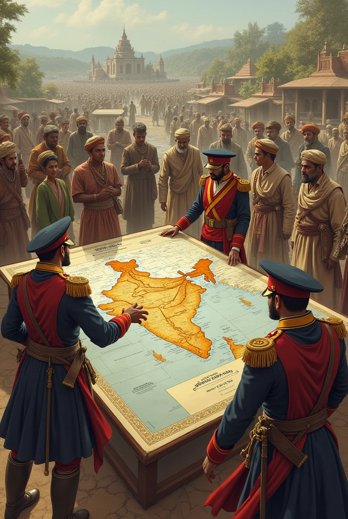 "Colonial Divide and Rule Strategy"
"An illustration depicting British colonial officers manipulating a map, with ethnic groups and leaders divided by borders. The background shows a landscape of India with different communities in conflict, symbolizing the 'Divide and Rule' strategy. The scene is set in the 19th century, with traditional clothing and colo
nial-era elements."