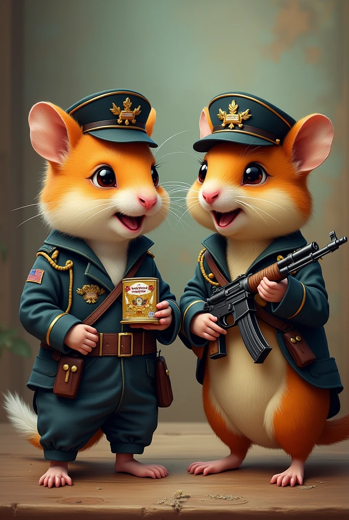 ultra-realistic (beauty:1.05) (amazing:1.05) (masterpice:1.05) A (cute:1.05)  (on the label:1.05) ( (gun:1.55) bandito:1.5) 
funny (hamster:1.15)::(Parrot:1.15) [chibi] (American military uniform:1.45)
( sweet cute:1.35)