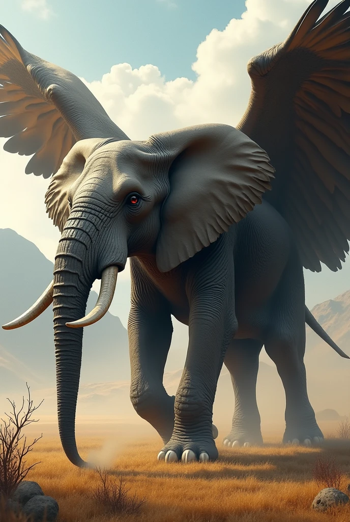 Create an image of a mythical creature that is a genetic fusion of an eagle and an elephant. The creature should have the massive body and legs of an elephant, with the rough, gray skin, but instead of a trunk, it has a sharp, powerful beak like an eagle's. The creature's ears are large and feathered, resembling the wings of an eagle, with a wingspan large enough to suggest flight. The tusks are elongated, curving like an eagle's talons, and its eyes are sharp and piercing, like a predator's. The background should show a vast savanna merging into a mountainous region, reflecting the creature’s dual nature."