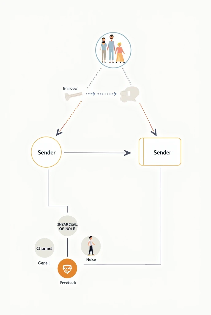 create a drawing scenario showing the barnlund's transactional model works
with english text,arow and elements of communicaton sender,receiver,feedback,channel,message and noise.