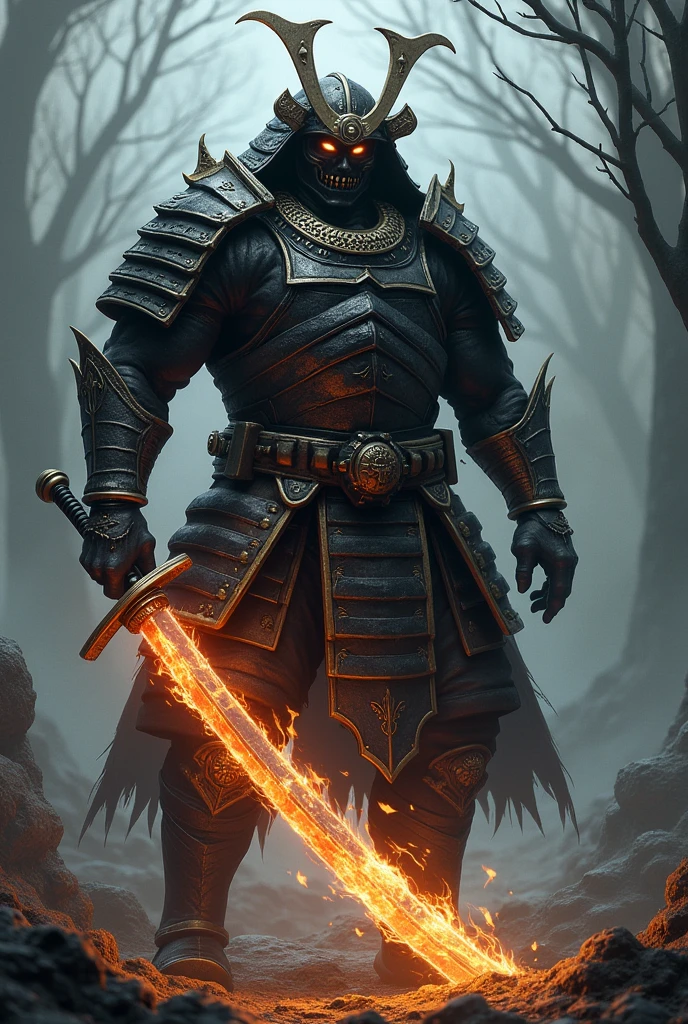 Samurai,grimdark,white and black,fire sword,dark souls, detaileds,stocky, mask,no mouth