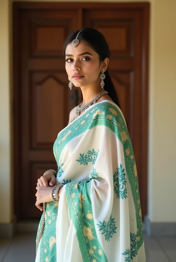 (photo ratio 1:1)The image features a young woman standing in front of a wooden door and a cream-colored wall. She is wearing a traditional Indian sari with a predominantly white base and intricate green and blue patterns. The sari has a mix of floral and geometric designs. The woman has her hair tied back and is accessorized with silver earrings and bangles. She appears to be looking back on camera