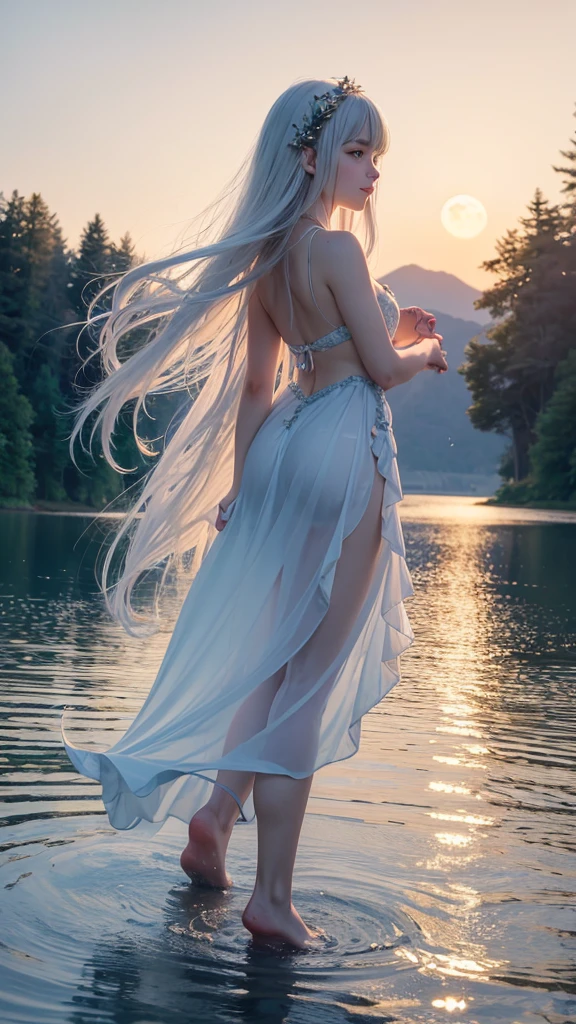 1 fairy, mature girl, golden side tail, large garnet-colored eyes, cute smile of a young face, as if to emphasize the line of the body, dressed in a long white and silver-white frill curtain that is wrapped in the wind, shaking the four rainbow-colored wings growing on her back, flying over the surface of the lake, night curtain, a large moon dominates the sky, a lake where the moonlight reflects wildly, and while creating a water pattern on the lake surface, on the stage of the lake surface of the deep forest, the one-of-a-a-a-kind, a nice full-body up angle photo,