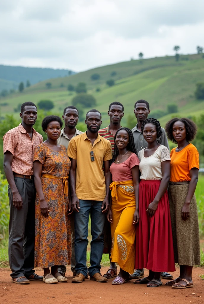 image of african cooperative with 5 men and 5 women in the rural area dressed in normal clothes and posing for potrait