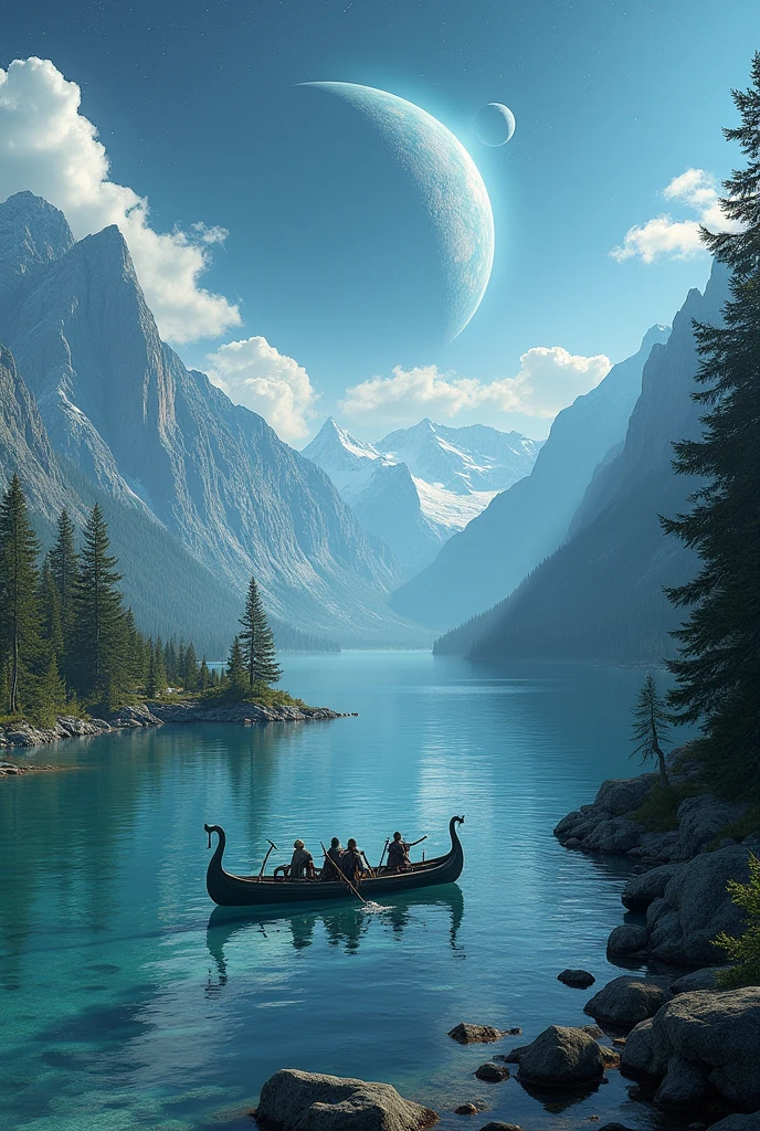 Lac paradisiaque eau cristalline montagne foret plage ciel étoilé planète dans le ciel bateau viking hache arme guerre 