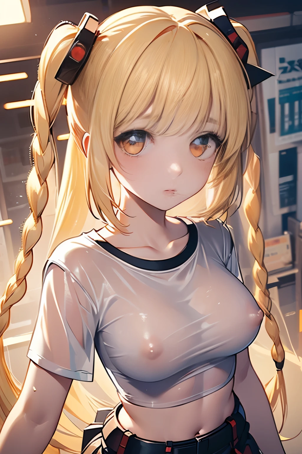 Optimal，masterpiece，High resolution，Highest quality，Hyper HD，Super Detail，Awards，16K，solo，（Upper body），Anatomically correct，Beautiful Cyberpunk Girl，Cowboy Shot、Cute Face，，Blonde、Long Hair、Twin tails、Braid, Hairline，（（Scarlet Eyes）），Long eyelashes，The corners of the eyes are drooping，White skin，Shot from above, ((T-Shirts:1.5)), ((Crop top))、((See-through nipples))、Big Breasts、rocket , （The body is slim），