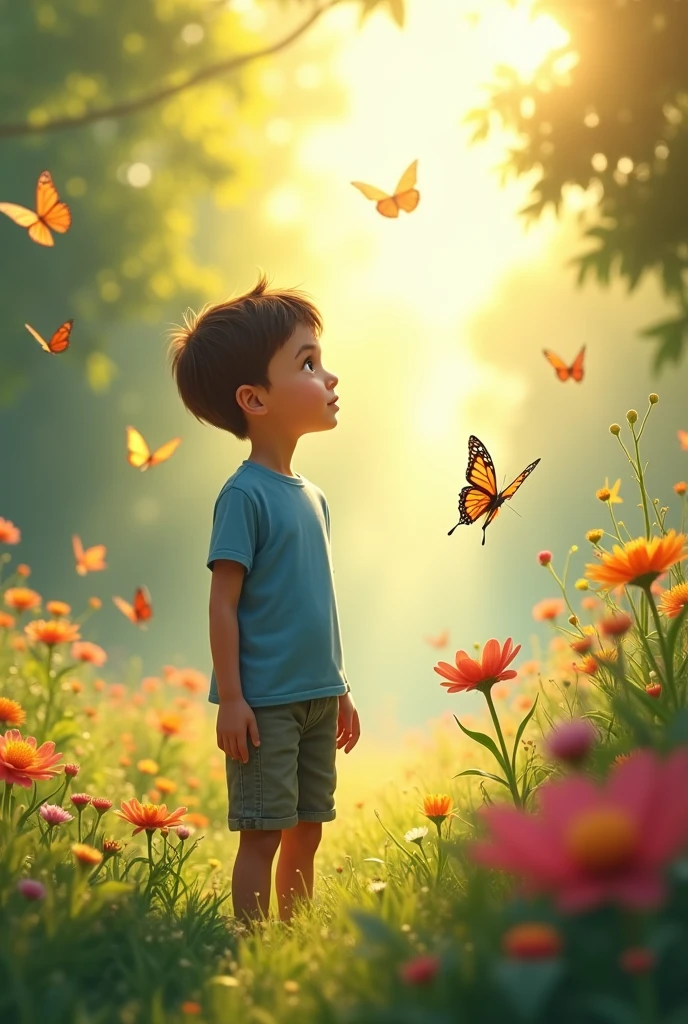 A beautiful environment butterfly flower sunny time a boy blue t-shirt  stanD and feel the nature  thinking about earth