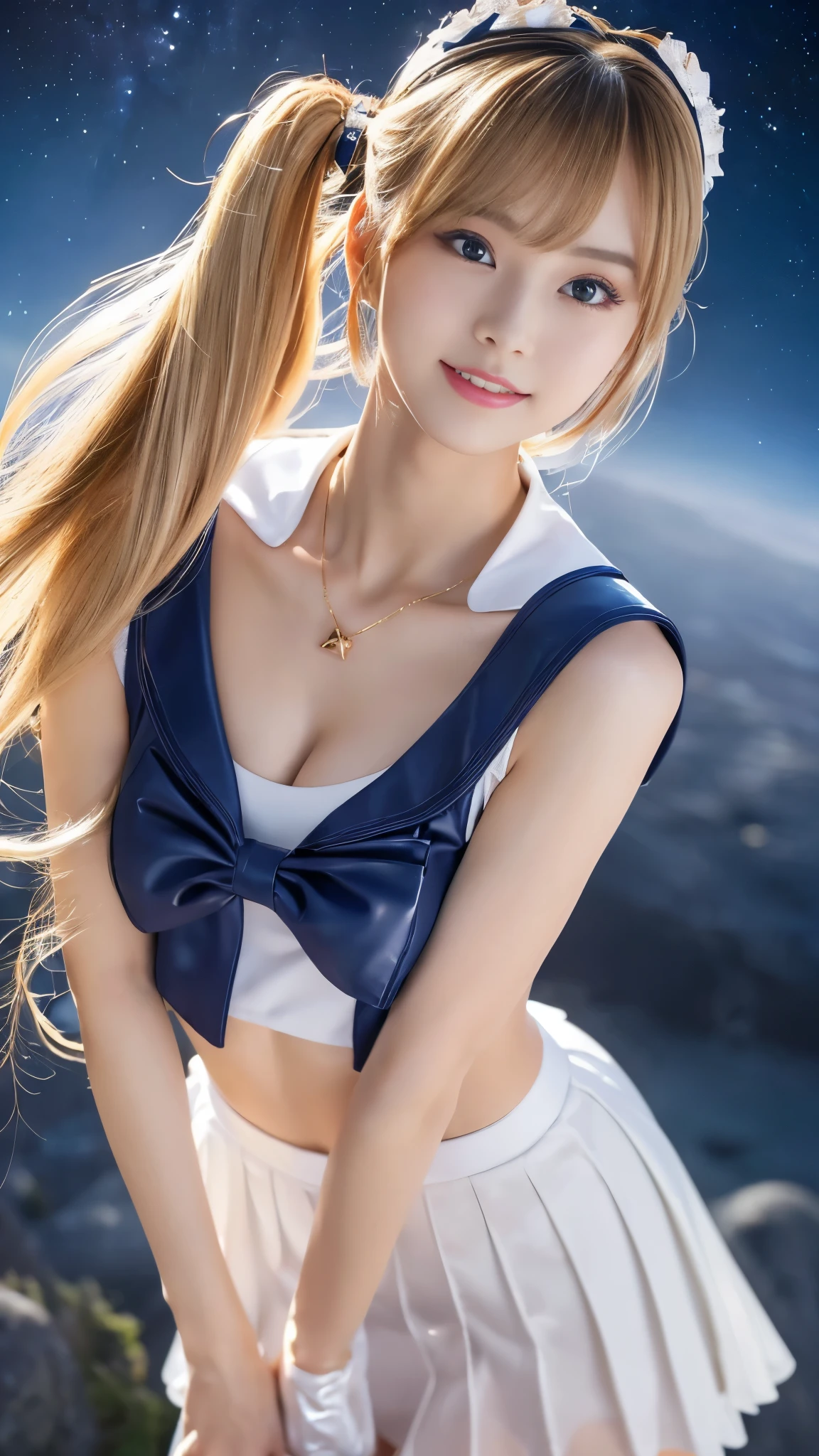Browsing Caution,Tabletop、full:1.3、stand、8k、。.3d、Realistic、Ultra-microphotography、Highest quality、Wallpapers with extreme details CG Unity 8k、From below、Intricate details、(1 female)、2、(sailor moon:1.6 Super Bishoujo Senshi sailor moon Mer1、Hot Wind of the Underworld,land、Sailor Warrior Uniforms Sailor:1.5、sailor moon:1.5,Eternal sailor moon)、(Incredibly long, light blonde twin tails:1.4、thin and very long straight twin tail blonde, Hair Bun、Hair Bun用の赤い丸い髪飾り)、((Sailor Warrior Uniforms、Sailor collar,Praying Miniskirt:1.5、Glossy pleated mini skirt:1.3、Big red ribbon on chest,,,,,、long white latex gloves,Red gloves on elbows、A gorgeous golden tiara on her forehead、ear nipple ring,Luxury Gold Jewelry))、Extremely thin and fitted high gloss white holographic leather、High gloss white latex high leg swimsuit that shines like oil,(Facial details:1.5、Bright Blue Eyes、Beautifull expression、beautidfull eyes、Iris Contour, Shining Eyes、thin唇:1.5、thin and sharp pale eyebrows,、long and thick eyelash、Double eyelashes、thin, thin and muscular,,,、Small face、Tall and busty、Perfect Proportions、big breasts thin waist、Sexy model posing、Dynamic pose,Visible pores、Captivating smile、Perfect hands:1.5、Octane Rendering、Very dramatic photo、(moonの神性,Space Background、moon明かりの光線、moon、Dynamic Background、Exquisite light and shadow、Dynamic Angle、Detailed Background),Strong natural light、sunlight、Digital single-lens reflex camera、Sharp focus: 1.0、Maximum clarity and sharpness