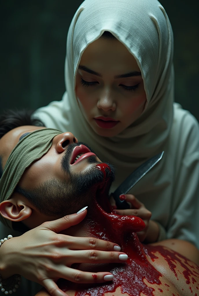 Realistic, A very beautiful muslimah luxury graceful girl knife, cut throat A boy prisoner blindfold neck bloody splash, full body, wide open throat, throat contents
