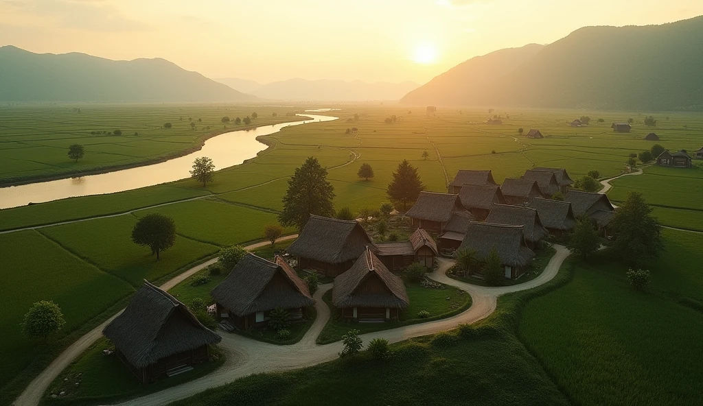 A high-resolution aerial drone shot of a peaceful rural village. The village is surrounded by lush green fields, winding dirt roads, and scattered traditional houses with thatched or tiled roofs. The sun is low in the sky, casting long shadows, and there is a river or small lake nearby, reflecting the golden hues of the sunset. The village has a serene, idyllic atmosphere, with a few trees scattered around and distant mountains or hills visible in the background."