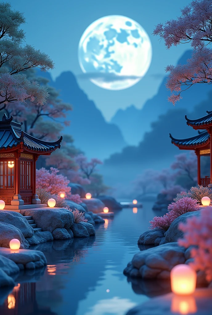 [Vision:1.0]，[Wide Angle:1.0]，aesthetics，Sculpture，Product photography，陶瓷Sculpture，Glass bottles surround Chinese pavilions，A tranquil and peaceful scenery，Figurines of ships，And the lush mountain lights，Kongming Lantern，A big full moon adds to the tranquil night atmosphere，And a few white jade rabbits，Delicate style，中国3d景观画背景，复杂Sculpture背景，Chinese Song Dynasty Landscape Painting，Blue Theme，Surrealistic dream style，Organic fluid，Ray Tracing，Colorful flowers，Flower foreground occlusion，Natural light，Emphasis on natural and cultural elements，3d, C4D rendering, 8k, super high detail, Bright colors，Bright，rgb, Colorful)，(High contrast:1.5)，(whole body:1.8), magazine photography，Popular on social platforms，((Dopamineism))，(((Dopamine color matching)))，Facing the screen，Dopamine color，High Saturation，High contrast，High Definition，8k，Dopamine，(in the style of Y2K)，Luo Erchun，Three-dimensional ancient style，Oriental poetry and painting
