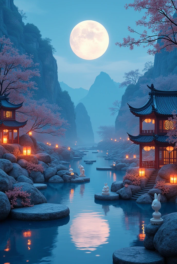 [Vision:1.0]，[Wide Angle:1.0]，aesthetics，Sculpture，Product photography，陶瓷Sculpture，Glass bottles surround Chinese pavilions，A tranquil and peaceful scenery，Figurines of ships，And the lush mountain lights，Kongming Lantern，A big full moon adds to the tranquil night atmosphere，And a few white jade rabbits，Delicate style，中国3d景观画背景，复杂Sculpture背景，Chinese Song Dynasty Landscape Painting，Blue Theme，Surrealistic dream style，Organic fluid，Ray Tracing，Colorful flowers，Flower foreground occlusion，Natural light，Emphasis on natural and cultural elements，3d, C4D rendering, 8k, super high detail, Bright colors，Bright，rgb, Colorful)，(High contrast:1.5)，(whole body:1.8), magazine photography，Popular on social platforms，((Dopamineism))，(((Dopamine color matching)))，Facing the screen，Dopamine color，High Saturation，High contrast，High Definition，8k，Dopamine，(in the style of Y2K)，Luo Erchun，Three-dimensional ancient style，Oriental poetry and painting