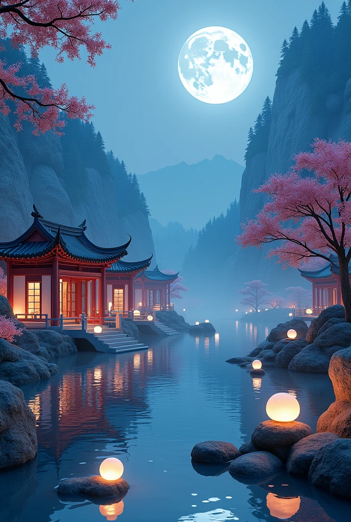 [Vision:1.0]，[Wide Angle:1.0]，aesthetics，Sculpture，Product photography，陶瓷Sculpture，Glass bottles surround Chinese pavilions，A tranquil and peaceful scenery，Figurines of ships，And the lush mountain lights，Kongming Lantern，A big full moon adds to the tranquil night atmosphere，And a few white jade rabbits，Delicate style，中国3d景观画背景，复杂Sculpture背景，Chinese Song Dynasty Landscape Painting，Blue Theme，Surrealistic dream style，Organic fluid，Ray Tracing，Colorful flowers，Flower foreground occlusion，Natural light，Emphasis on natural and cultural elements，3d, C4D rendering, 8k, super high detail, Bright colors，Bright，rgb, Colorful)，(High contrast:1.5)，(whole body:1.8), magazine photography，Popular on social platforms，((Dopamineism))，(((Dopamine color matching)))，Facing the screen，Dopamine color，High Saturation，High contrast，High Definition，8k，Dopamine，(in the style of Y2K)，Luo Erchun，Three-dimensional ancient style，Oriental poetry and painting