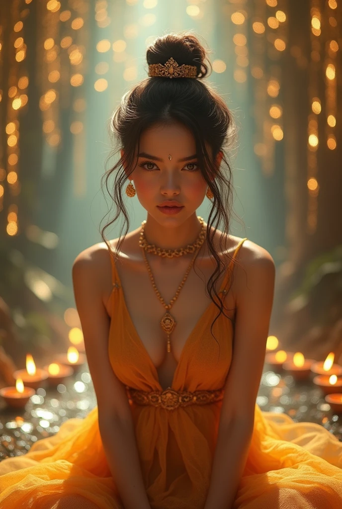 8k, Ultra HD, masterpiece, 1 girl, (Nice face:1.4), Detailed eyes, Very long hair, Impressive hairstyle, Earrings, necklace, Small breasts, (Golden Dress:1.5), See through, (Fantasy Dress:1.5) A light-toned foundation enhances the clarity of your skin., (In Wonderland:1.5), mystery, The Diwali lights, Glowing lights, Very decorative, the light falls like water, Perfect front body, Sitting,