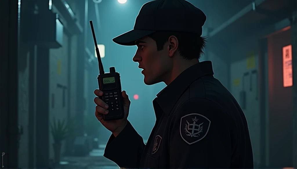 security guard talking on the radio scared at night