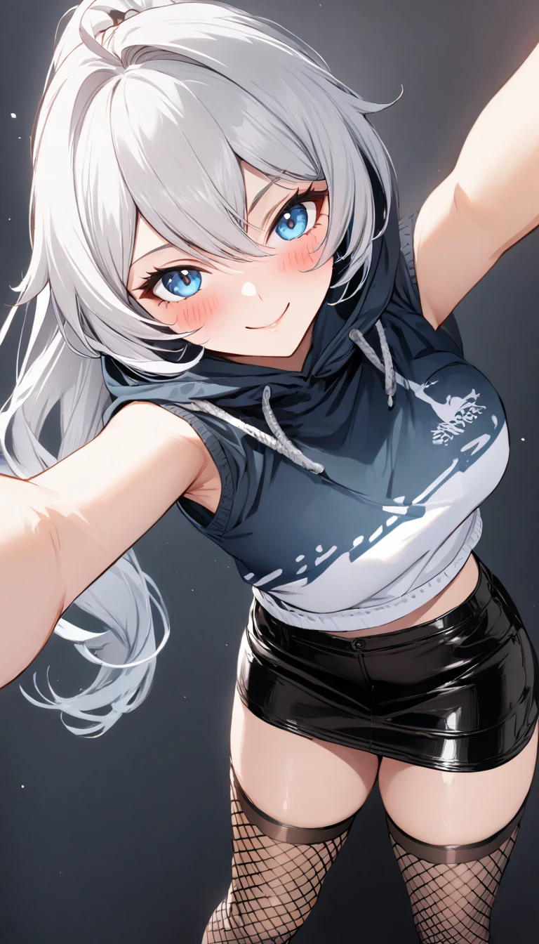 (masterpiece), best quality, ((ultra-detailed)), ((an extremely detailed and delicate)), (8k cg wallpaper), (stunning art), ((illustration)), 1girl, kiana kaslana \(honkai impact 3rd\), herrscher of finality, white hair, ahoge, ponytail, very long hair, blue eyes, simple color black background, (streetwear fashion:1.5), (hooded jacket:1.6), (sleeveless knit top:1.5), (mini leather skirt:1.6), (fishnet stockings:1.6), selfie, looking at view, blush, smile