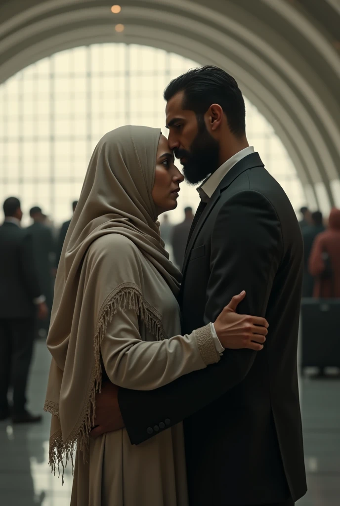 A veiled girl wearing pants bids farewell to her tall, dark-skinned husband at Baghdad airport. 