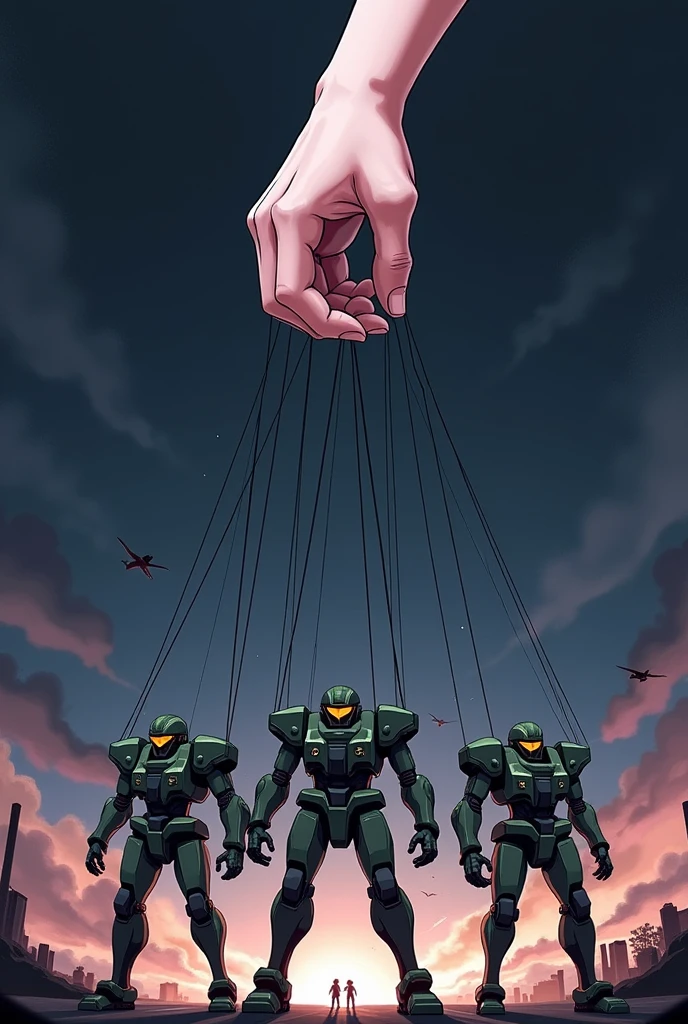 (Anime) A Hand with Puppet Strings, that are Pulling on 3 Mobile Task Force units like puppets, with the Units in Combat
