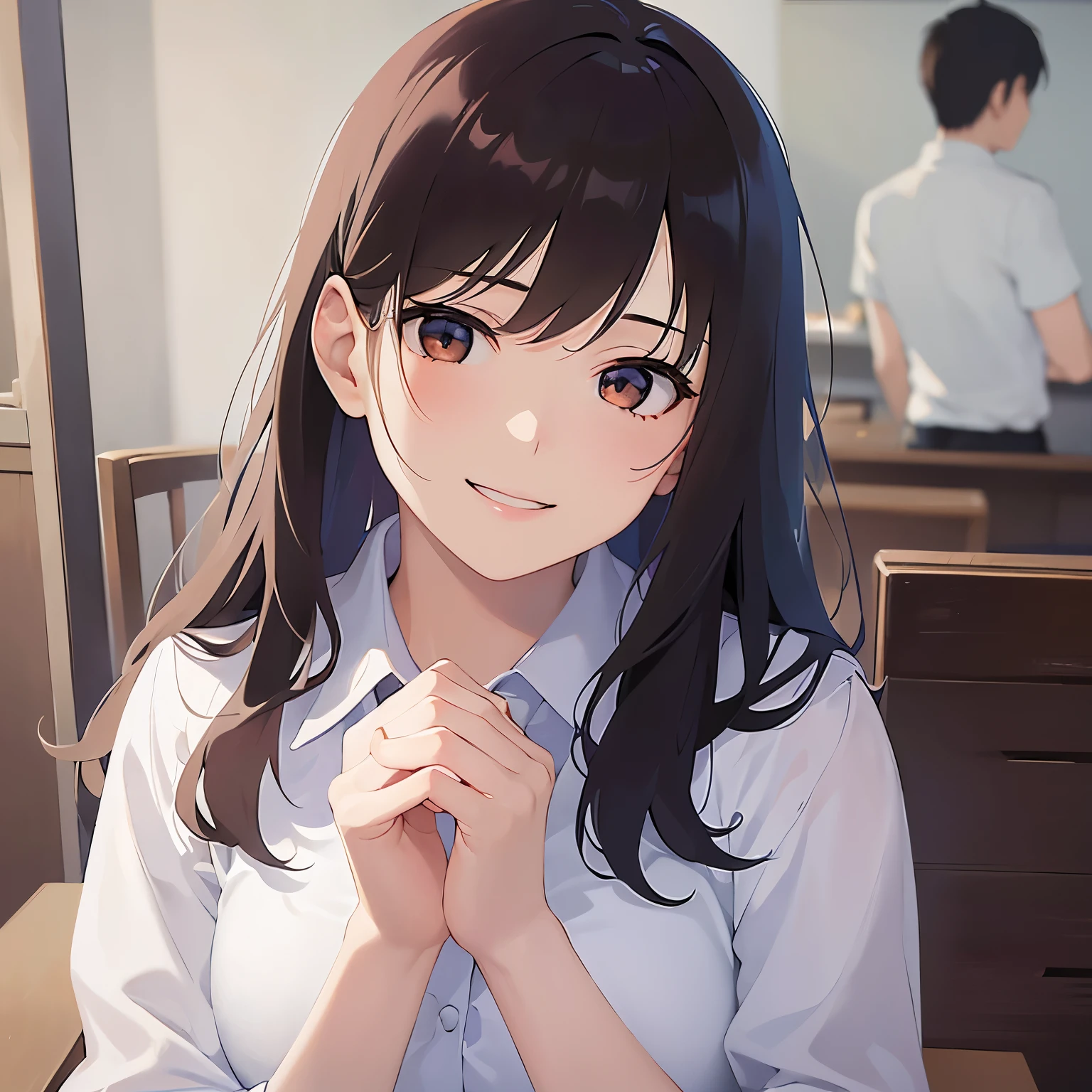 (looking away:1.5),side angle,Upper Body,head tilt,(own hands together:1.5)、5 biologically correct fingers、 Realistic, real person, (pale skin: 1.2), RAW photo, photorealistic, shiny skin, shiny hair、 (A 2 woman with medium-length hair and bangs) and (wavy hair) and (brown hair) and (orange eyes) , (white collared shirts) (smile:1.5),open mouth, The background is the conference room、(alone:1.5)
