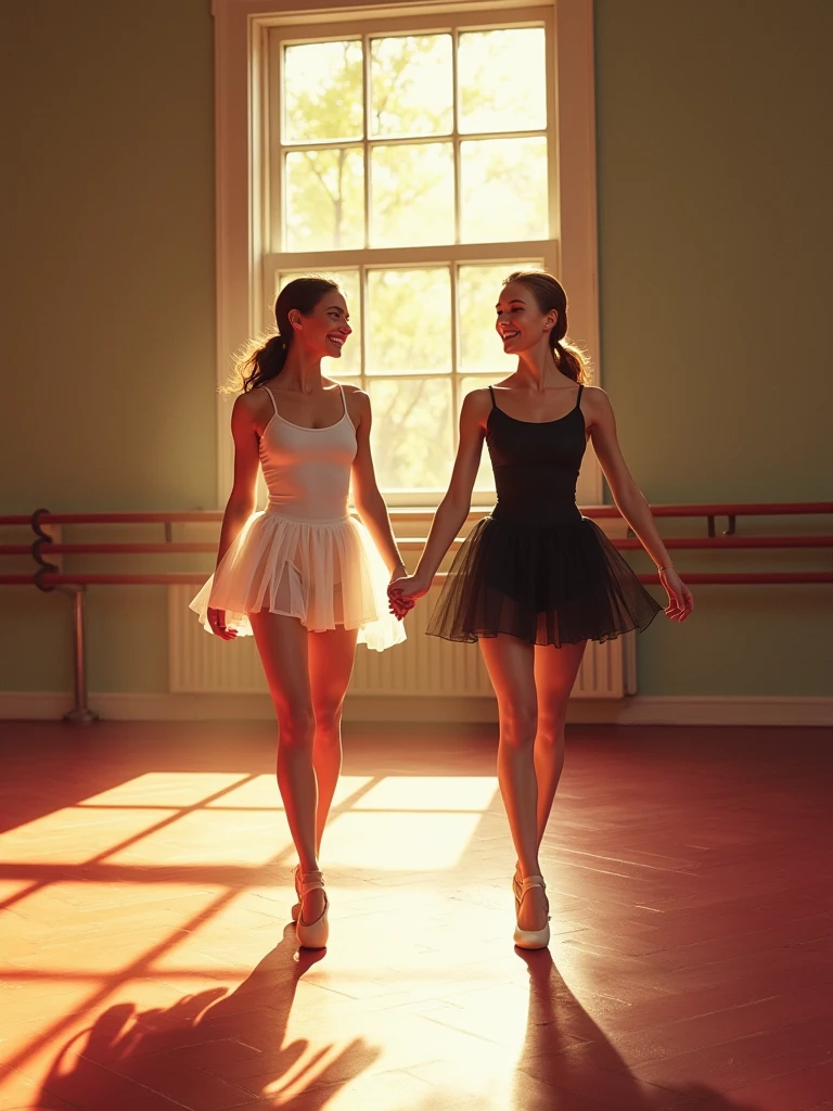 Picture: NY, Manhattan, Ballet studio. spring, Early morning, through large windows into the dance classroom, sunlight penetrates. The once faded red parquet is brightly lit by these rays. And girls with pointe shoes begin to appear in the classroom. first comes a pair of girlfriends. White and Black, both thin and laughing. In dance leggings and a top in short light skirts. photorealism