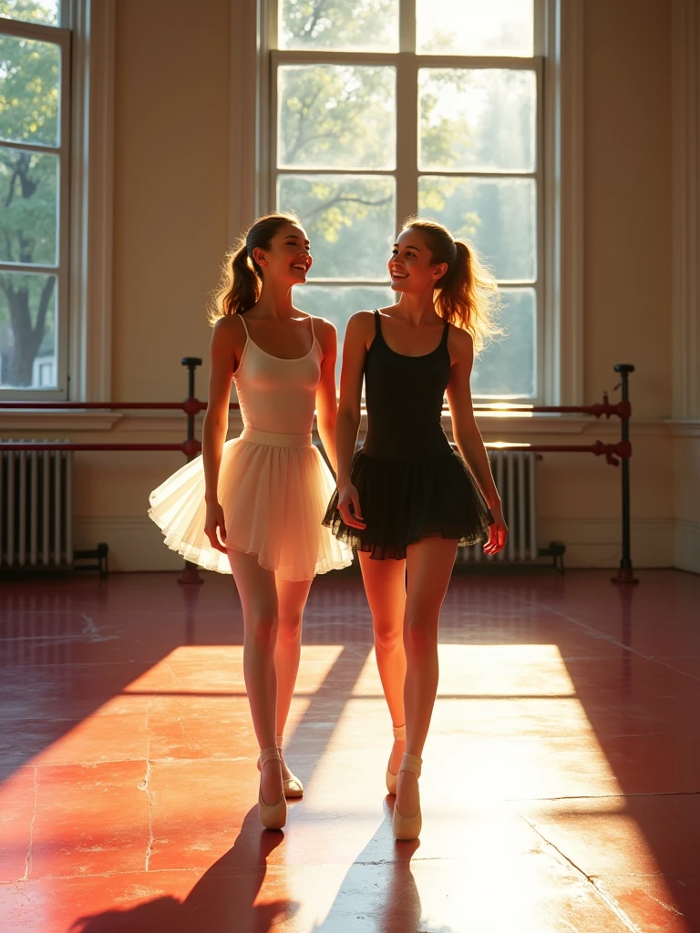 Picture: NY, Manhattan, Ballet studio. spring, Early morning, through large windows into the dance classroom, sunlight penetrates. The once faded red parquet is brightly lit by these rays. And girls with pointe shoes begin to appear in the classroom. first comes a pair of girlfriends. White and Black, both thin and laughing. In dance leggings and a top in short light skirts. photorealism