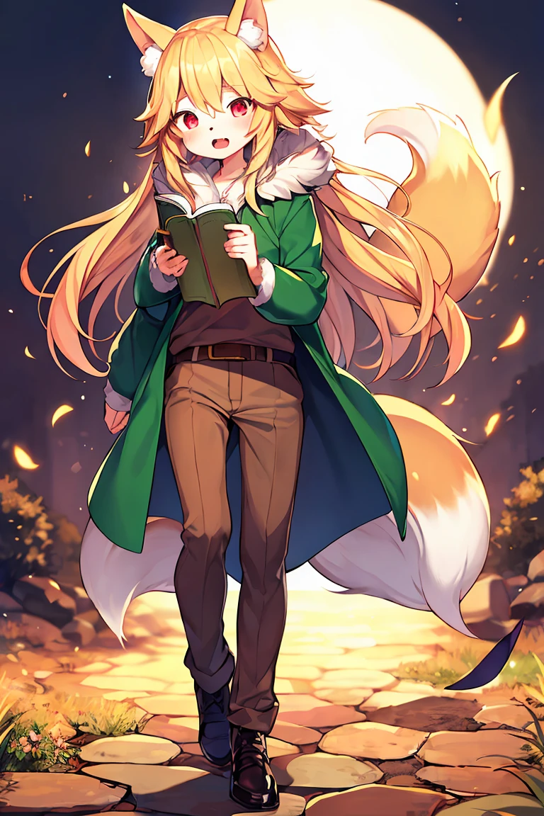 flat color, shota the fox, , was hairy, shaggy, skin fur, smooth lashes, golden fur, forelimb hands, straight long blonde hair, solid circle eyes, golden ears, golden fur, golden facial fur, shiny hair, red eyes, super cute face, 1fox tail, fluffy tail, furry tail, glowing eyes, green coat green hood down, brown trousers, reading grimoire, using wind magic, open mouth, full body, ambient light, ultra-fine fur, dashed eyes, masterpiece, high quality, high-details, best quality, (solo)