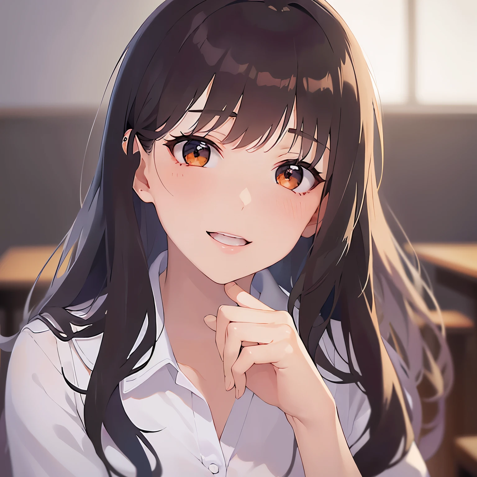 (looking away:1.5),side angle,Upper Body,head tilt,(own hands together:1.5)、5 biologically correct fingers、 Realistic, real person, (pale skin: 1.2), RAW photo, photorealistic, shiny skin, shiny hair、 (A 2 woman with medium-length hair and bangs) and (wavy hair) and (brown hair) and (orange eyes) , （white collared shirts） (smile:1.5),open mouth, The background is the conference room、（alone:1.5）
