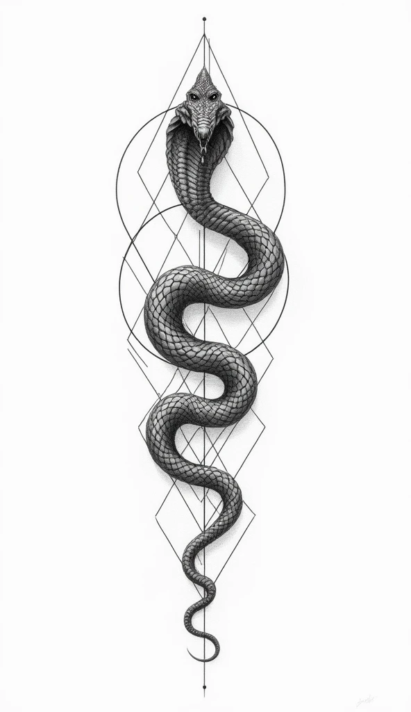 tattoo design, snake, white background, simple background, geometric lines, fine line, complex, drawing style, divination
