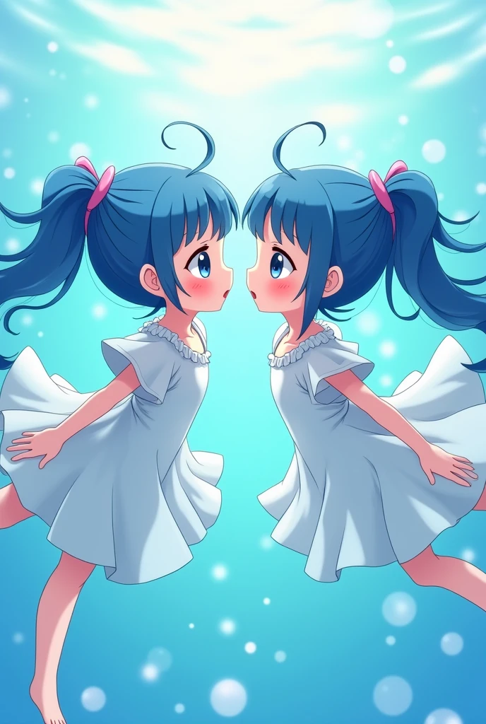 very cute、Highest quality、4K、twins、Paired drawings、Blue Hair、Ponytails and shortcuts、In the water、Bubble、White dress、Face to face、anime風、anime、Surprised face