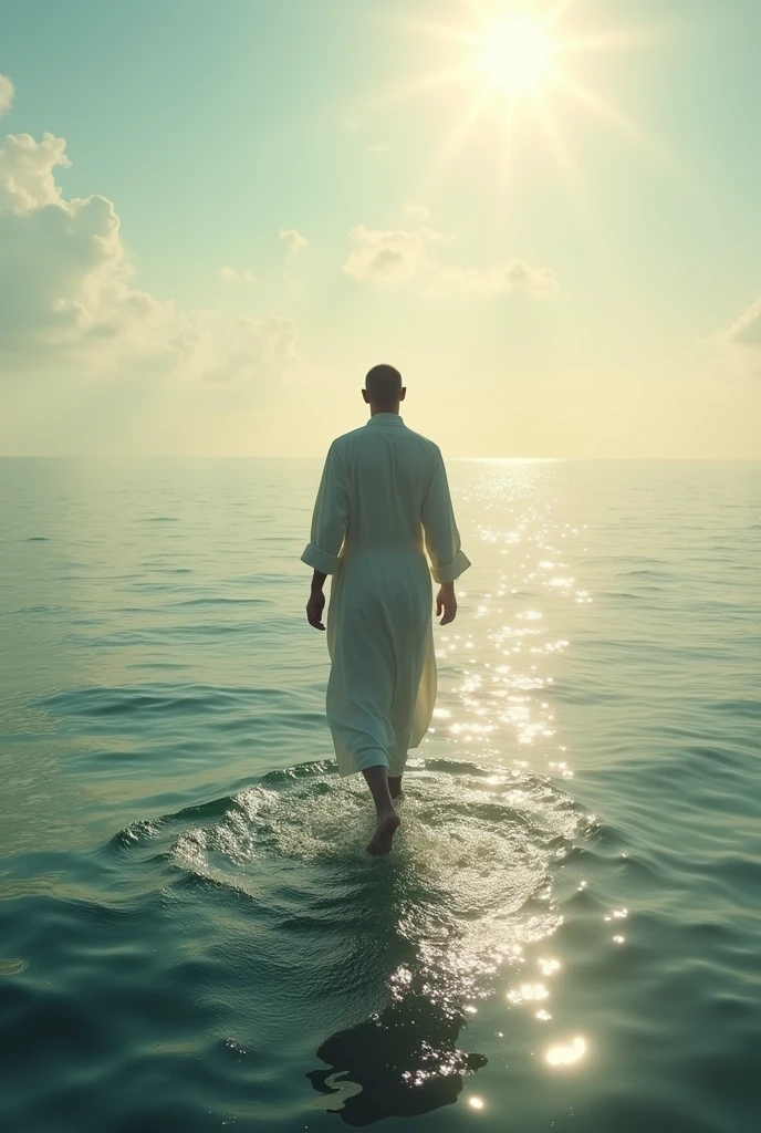 Setting: A vast, shimmering ocean at daylight, not too bright
Main character: A lean, average-height man in tunics like what Jews wear, walking on top the water going to a Person who is divine
View: Mans back ia the point of view, around 2 miles in midst of water
Emotional state: The man appears to be both afraid and hopeful.
Atmosphere: The scene is peaceful and contemplative, with a hint of melancholy
